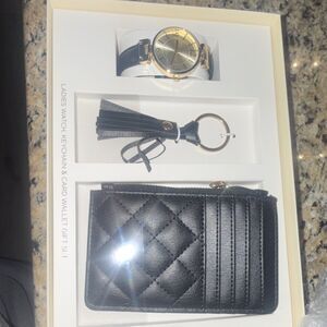 Women's Gold Tone Dress Watch, Black Leather Band, Keychain & Card Wallet Set